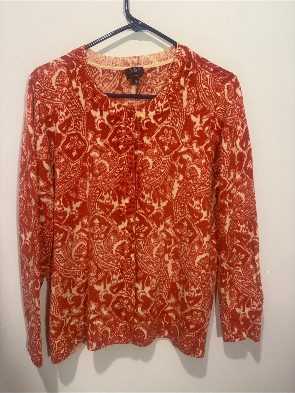 Talbots Orange and Cream Paisley Crewneck Cardigan